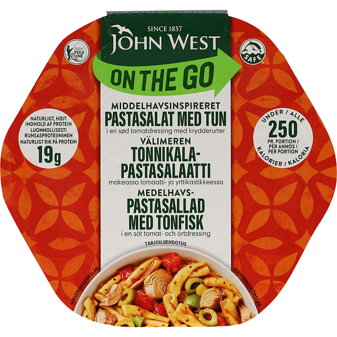 Tun i tomat-urtedressing m. tomat, peberfrugt, grønne oliven og pasta