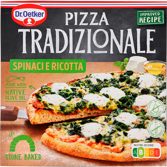 Pizza m. mozzarella, ricotta og spinat