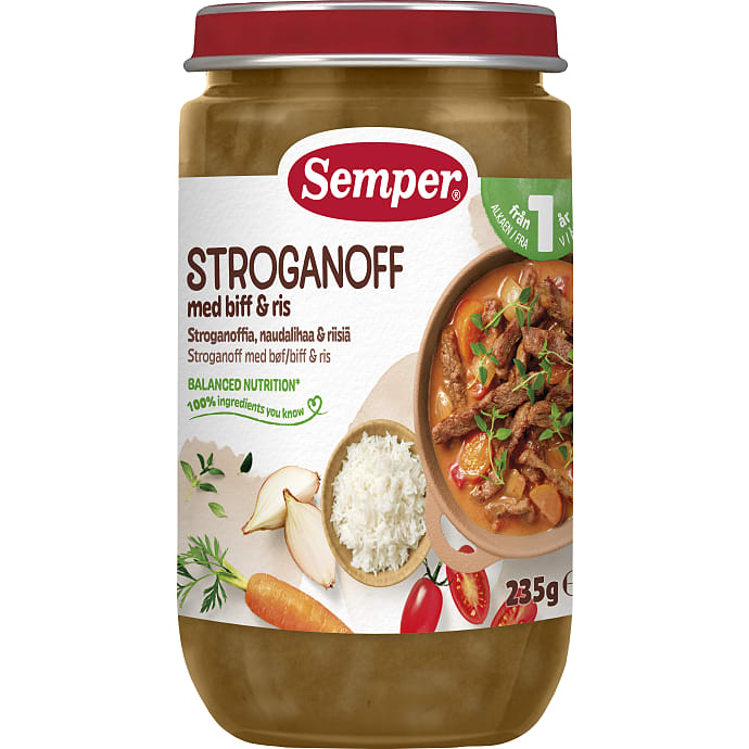 Semper Mos m. Bøf Stroganoff og Ris 12+