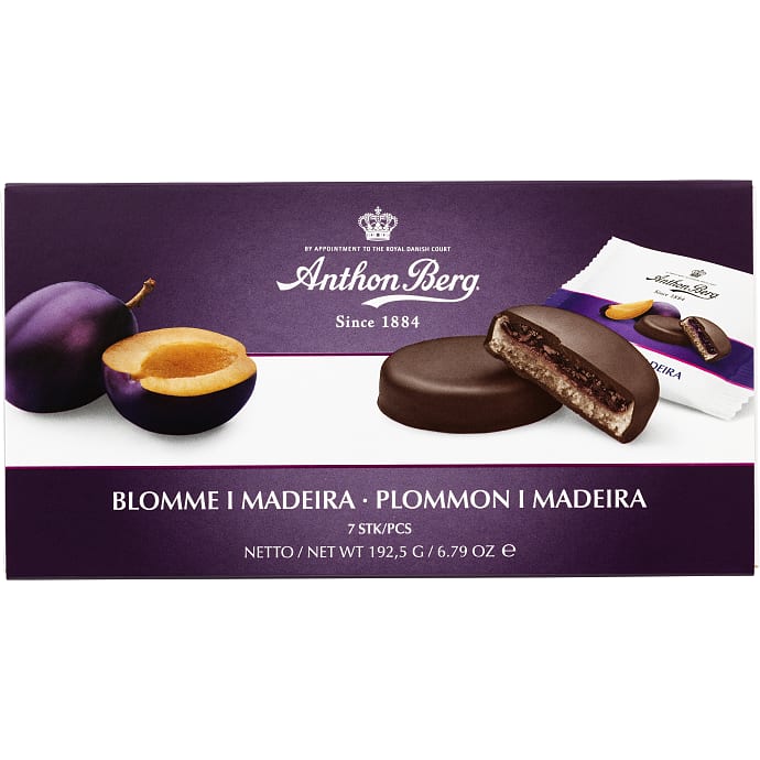 Fyldt mørk chokolade m. marcipan og blomme i madeira