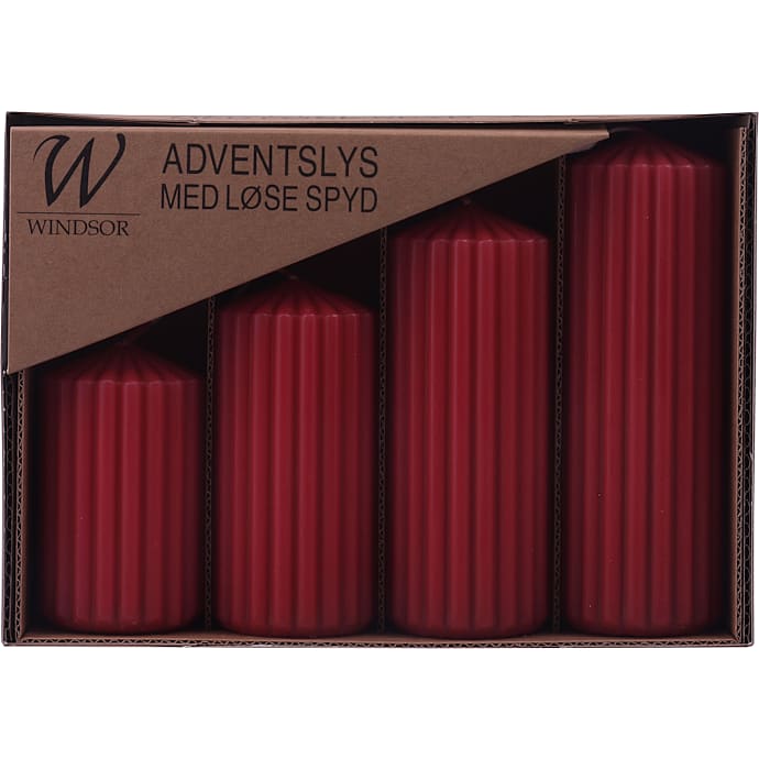 Windsor rillede adventslys i 4 højder - rød