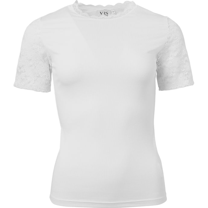 VRS dame rib T-shirt med blondeærmer str. XL - hvid