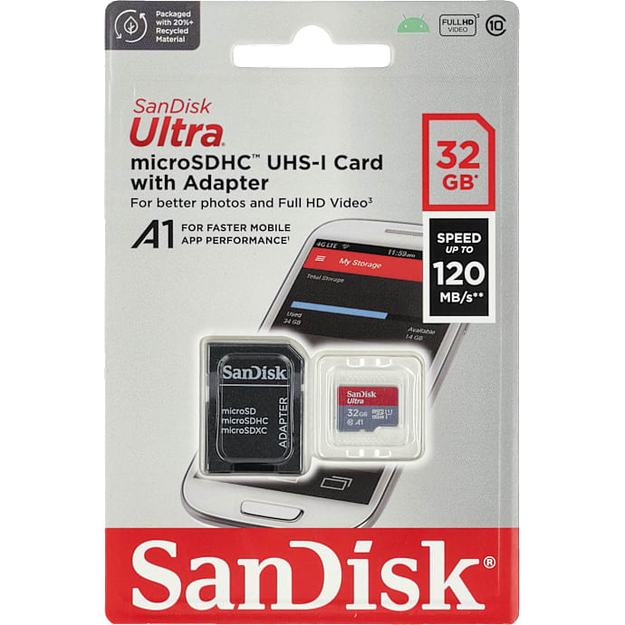 SanDisk microSDHC Ultra 32 GB 120 MB/s med adapter