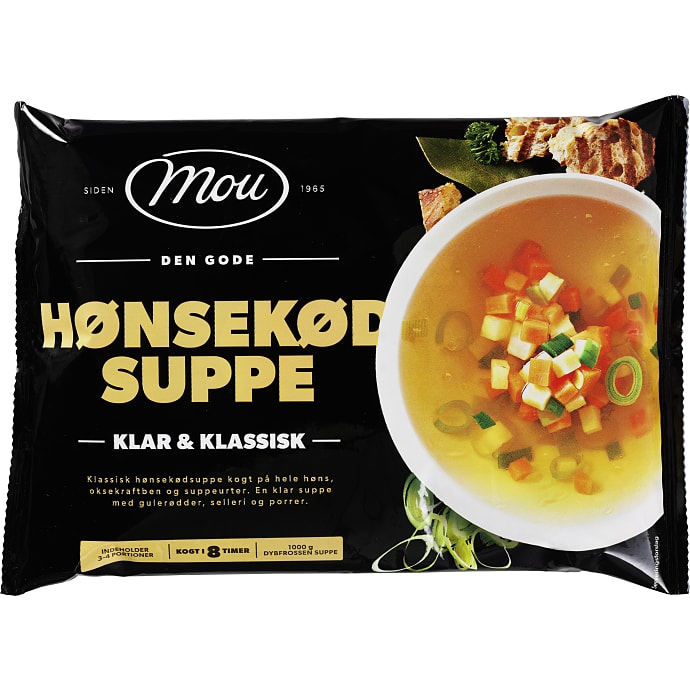 Klar hønsekødssuppe m. gulerødder, selleri og porrer