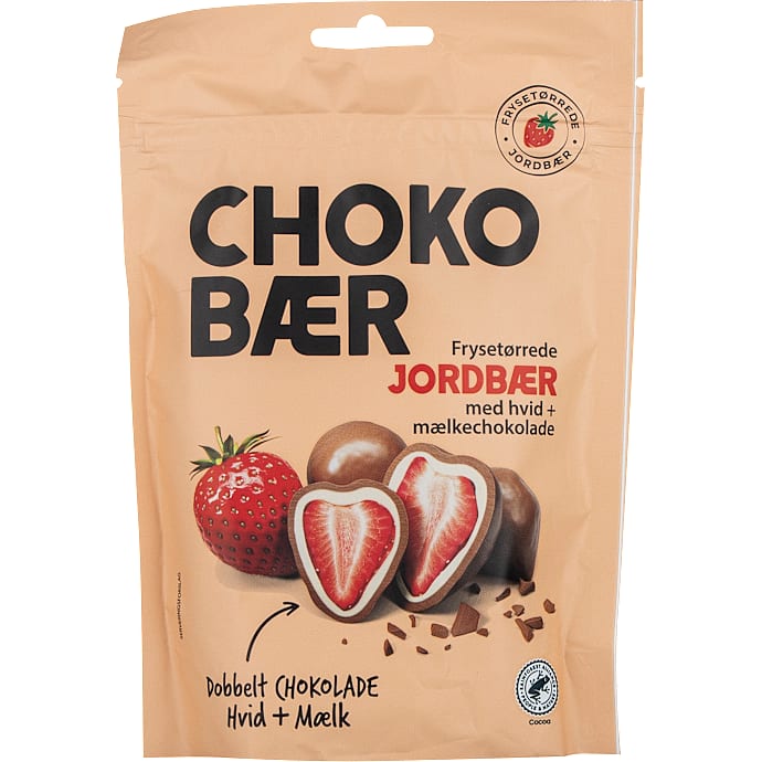 Frysetørret jordbær m. hvid- og mælkechokolade