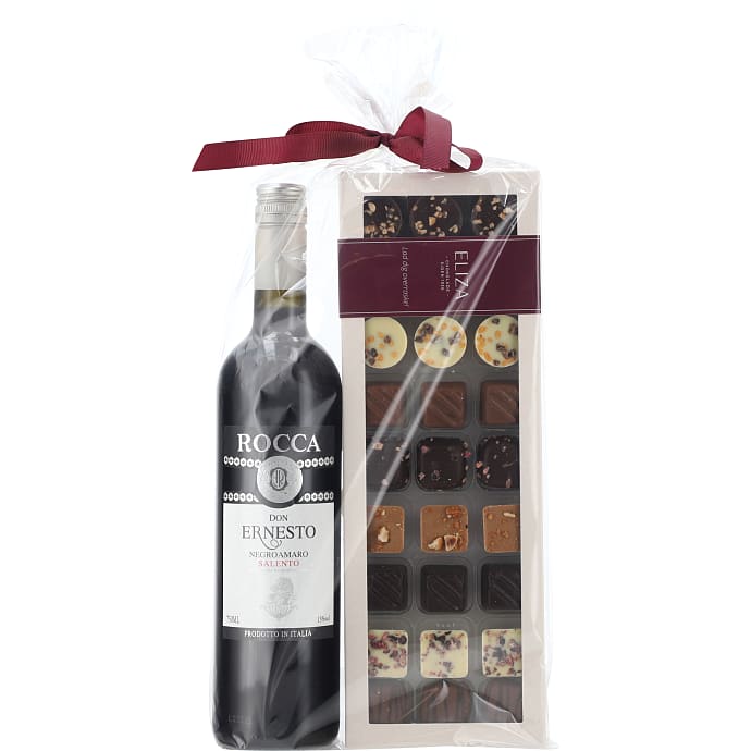 Gaveæske m. vin og fyldte chokolader
