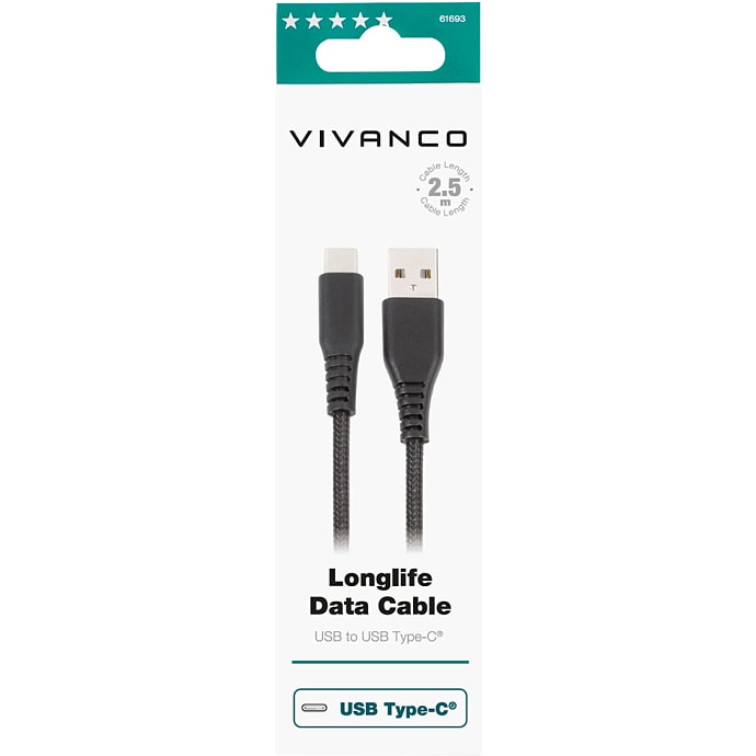 Vivanco Longlife USB-C/-A 2.0 kabel sort