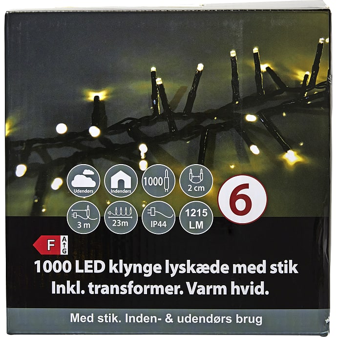 Klyngelyskæde med 1000 LED - varm hvid