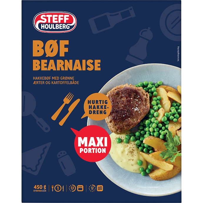 Bøf bearnaise m. kartoffelbåde og grønne ærter