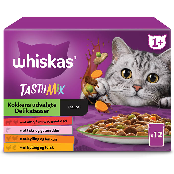 Vådfoder i sovs m. okse/fjerkræ, laks/gulerødder, kylling/kalkun og kylling/torsk