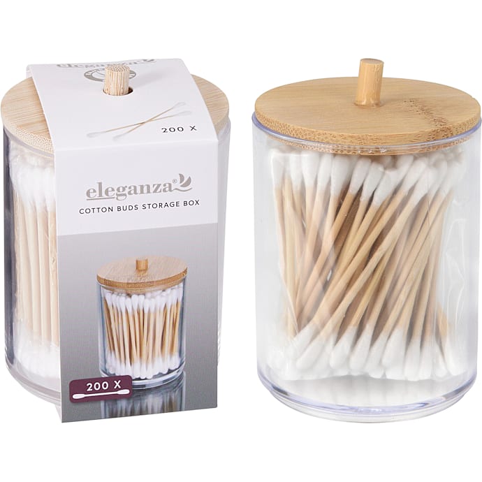 Opbevaringsboks med vatpinde og bambuslåg