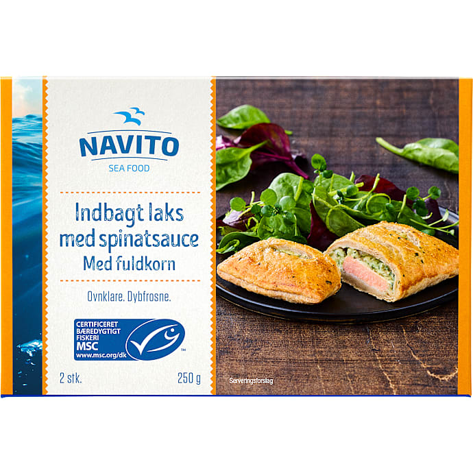 Fuldkornsindbagt laks med spinatsauce