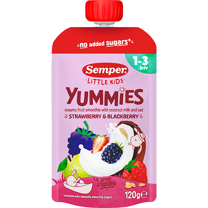 Yummies frugtsmoothie m. havre, kokosmælk, jordbær og brombær
