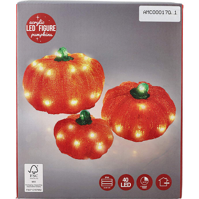 Halloween LED akrylgræskar 21x24 cm 3-pak - orange