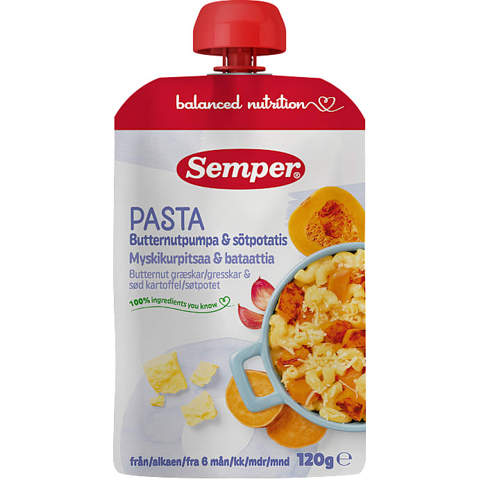 Mos m. pasta, sød kartoffel og græskar fra 6 mdr.
