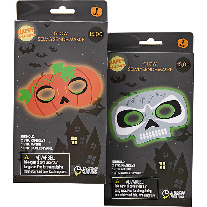 Halloween glow maske - flere varianter - assorteret