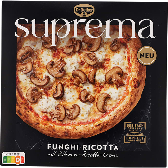 Pizza m. champignon, ost ricottacreme og citron