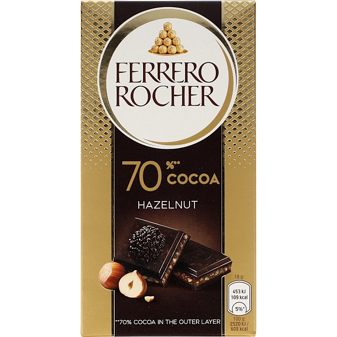 Ferrero Rocher Mørk chokolade 70% med hasselnødder 90 g