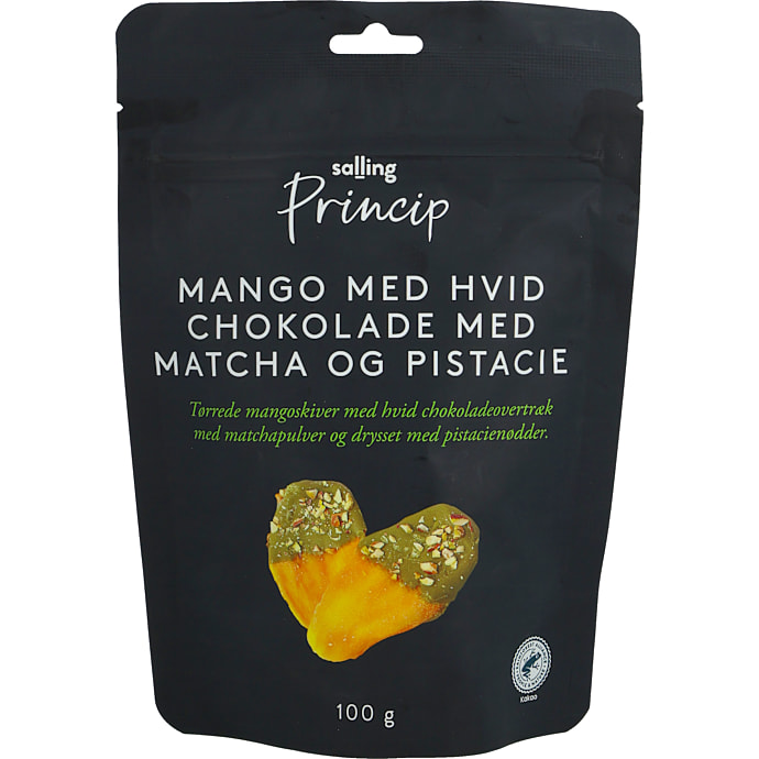 Mango m. hvid chokoladeovertræk, matcha og pistacie