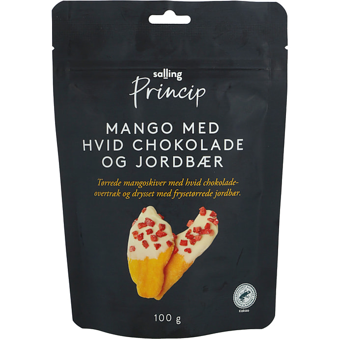 Tørrede mangoskiver m, hvid chokoladeovertræk og jordbær