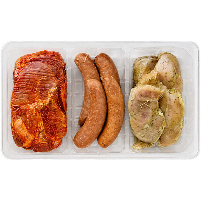 Grillbakke m. kyllingefilet, pølser og nakkekoteletter