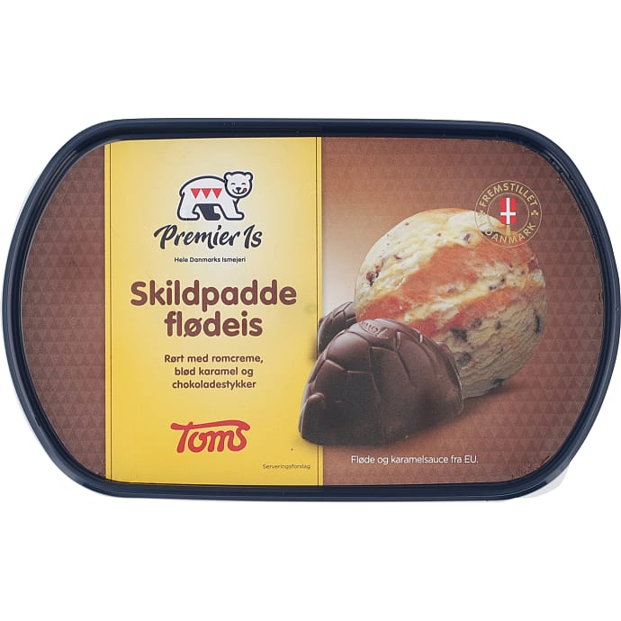 Flødeis m. romsmag, karamelsauce og chokoladestykker