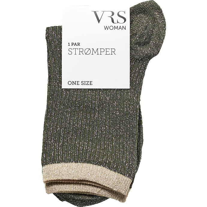 Dame glimmerstrømper str. Onesize - grøn m/beige ribkant