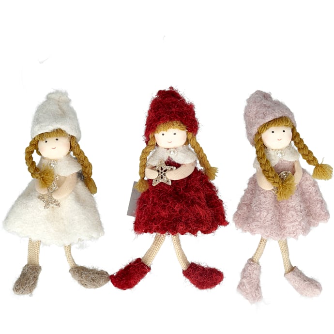 Julefryd pige med kappe ophæng H: 17 cm - rosa/hvid/bordeaux - flere varianter - assorteret