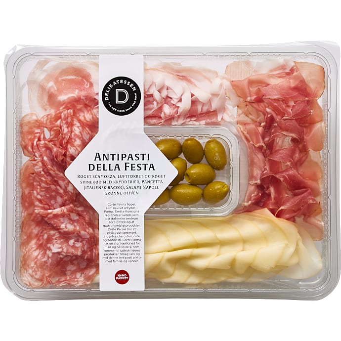 Tapasplatte m. tørret skinke, panchetta, napoli samali og oliven