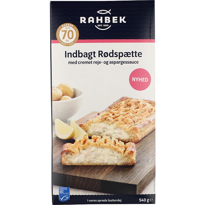 Indbagt rødspætte m. rejer og asparges
