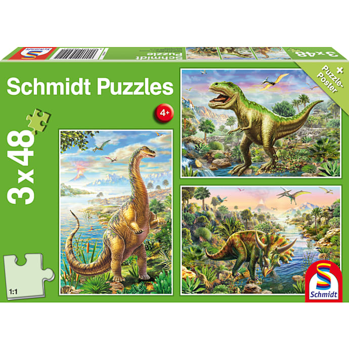 Schmidt Puzzles eventyr med dinosaurerne puslespil 3x48 brikker – produktbillede