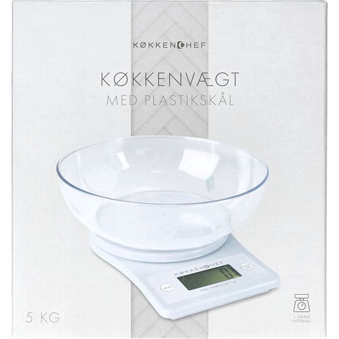 Køkkenchef digital køkkenvægt 5 kg m. skål - hvid