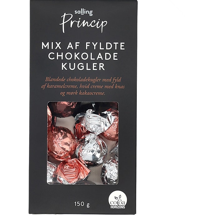 Salling Princip Mix af fyldte chokoladekugler m. karamelcreme, hvid creme med knas og mørk kakaocreme