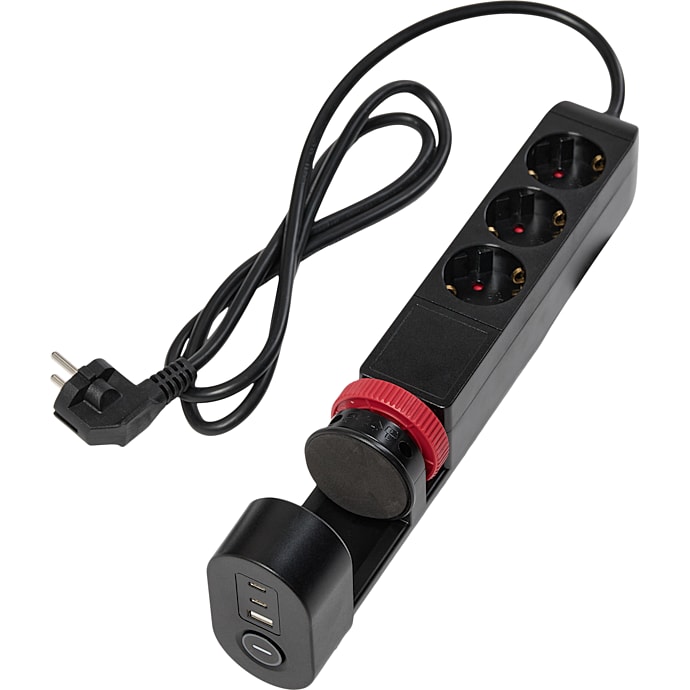 Elworks stikdåse med 3 udtag, 1 USB-A og 2 USB-C - sort
