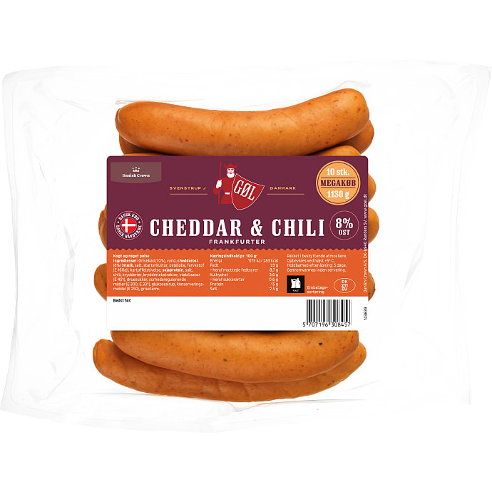 Frankfurtere m. cheddar og chili 70% kød