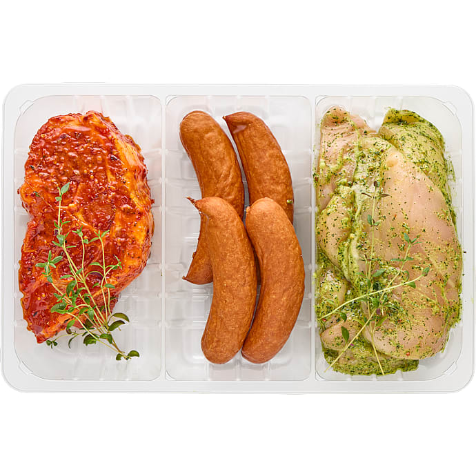 Grillbakke m. nakkefilet af gris, kylling og pølser