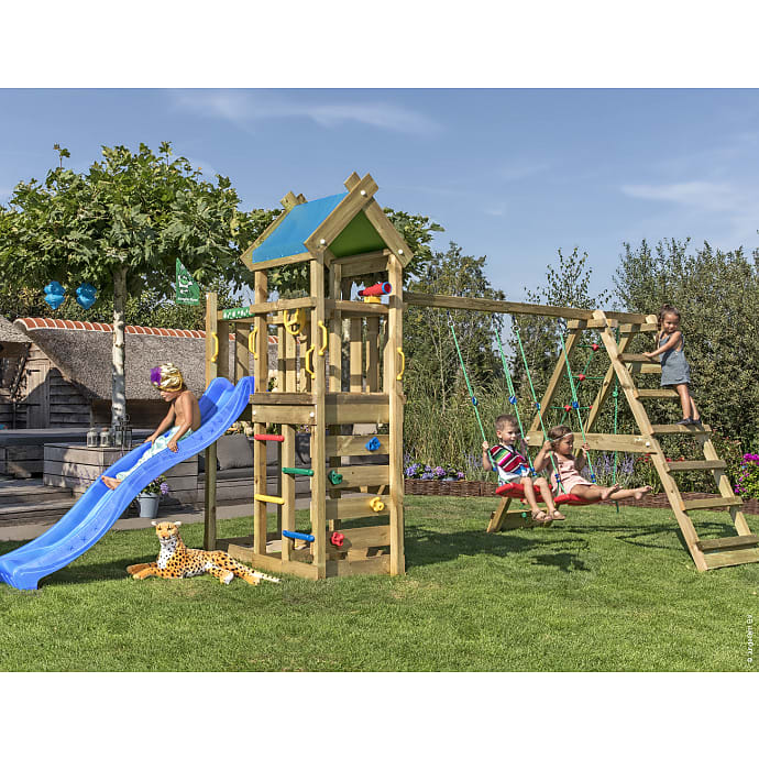 Jungle Gym Nomad med klatrestativ og blå rutsjebane