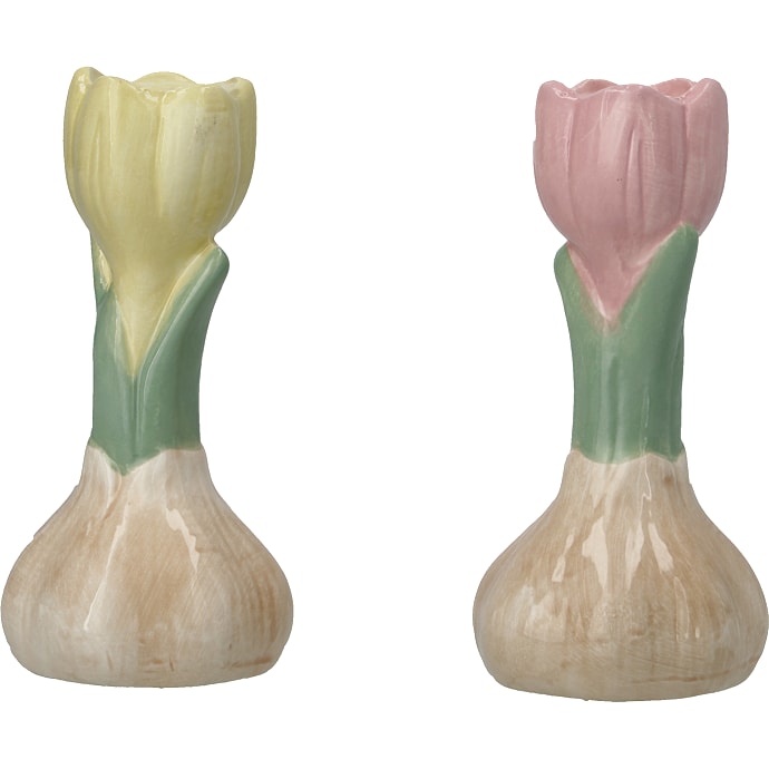 Porcelænsstage med blomst til stagelys 12 cm - flere farver - assorteret