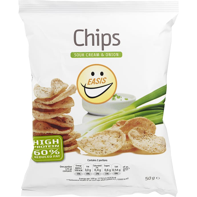 Sojaproteinchips m. sour cream & onion fedtreduceret