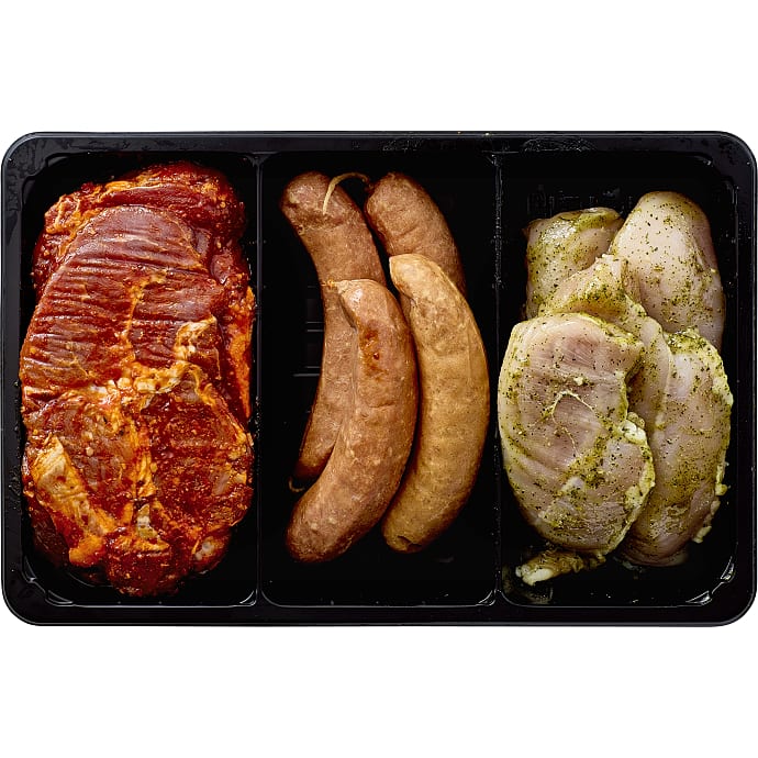 Grillbakke m. kyllingefilet, pølser og nakkekoteletter