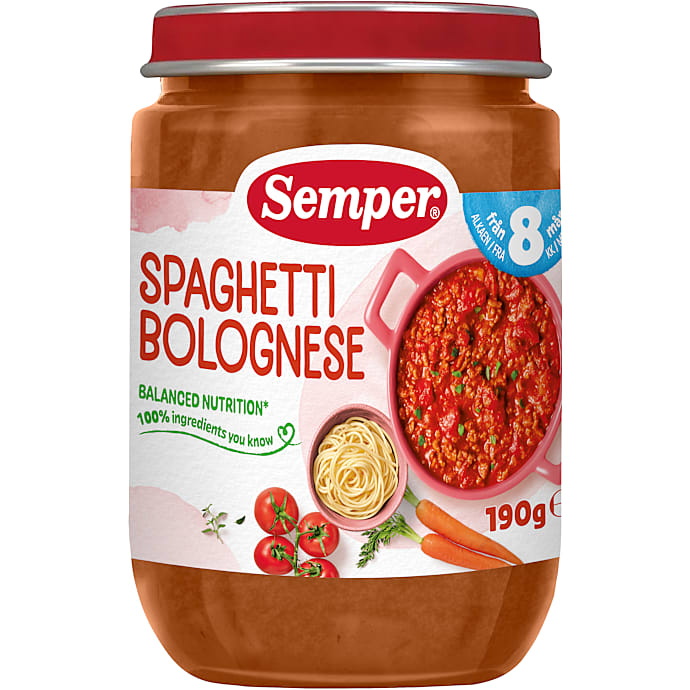Mos m. spaghetti bolognese fra 8 mdr på glas