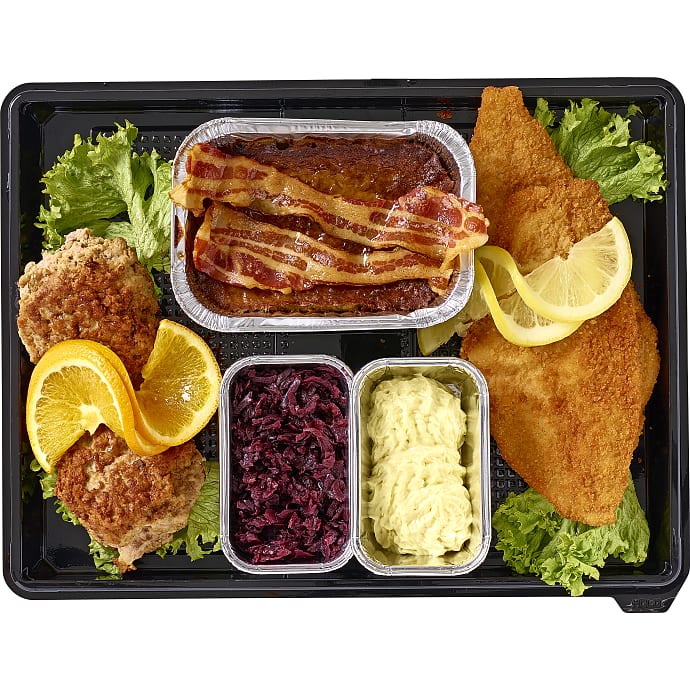 Frokostplatte m. fiskefileter, frikadeller og leverpostej