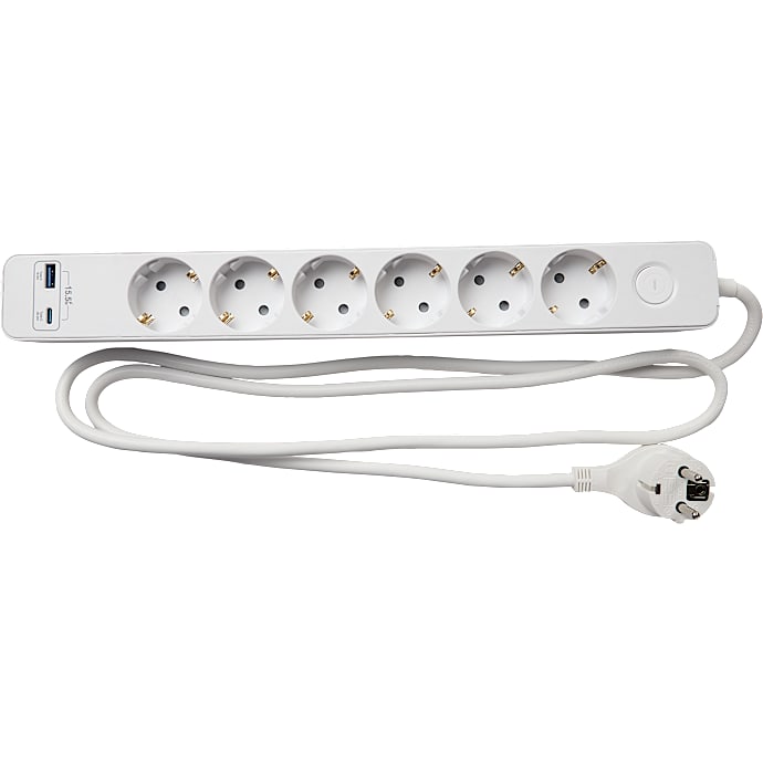 Elworks stikdåse med 6 udtag, USB A og USB C - hvid