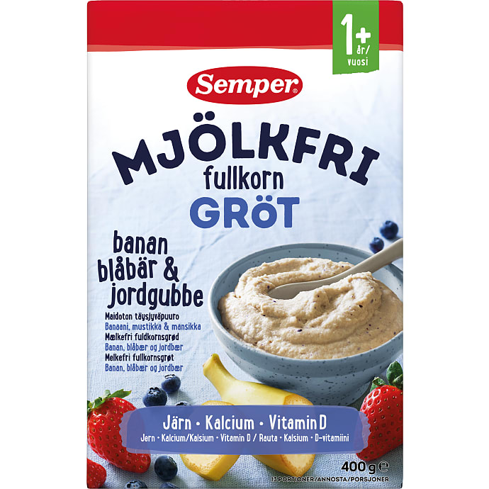 Fuldkornsgrød m. banan, blåbær og jordbær fra 12 mdr. mælkefri
