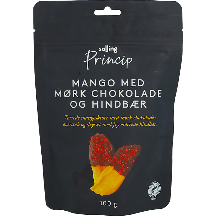Tørrede mangoskiver m. mørk chokoladeovertræk og hindbær