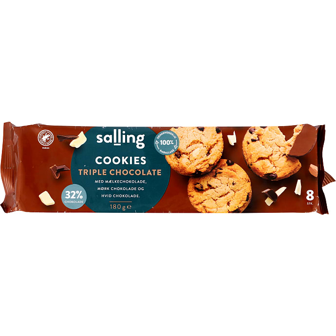 Cookies m. mørk, lys og hvid chokoladestykker