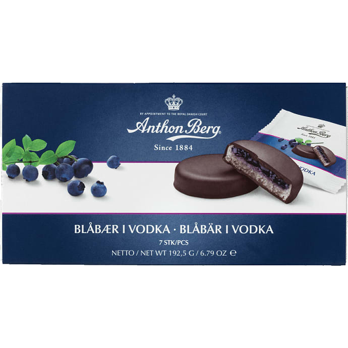 Mørk chokolade m. marcipan og fyld af blåbær og vodka