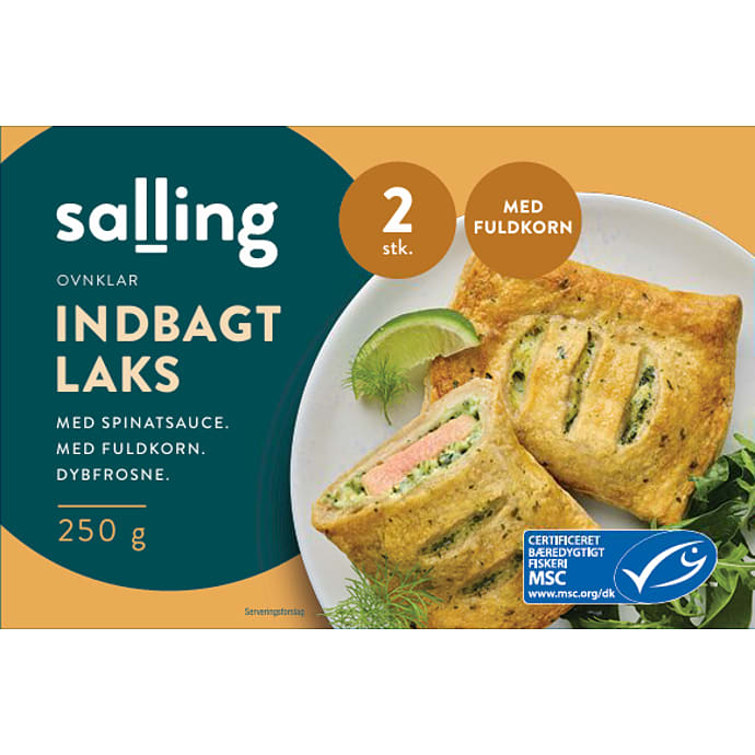 Salling indbagt laks i fuldkorn med spinatsauce