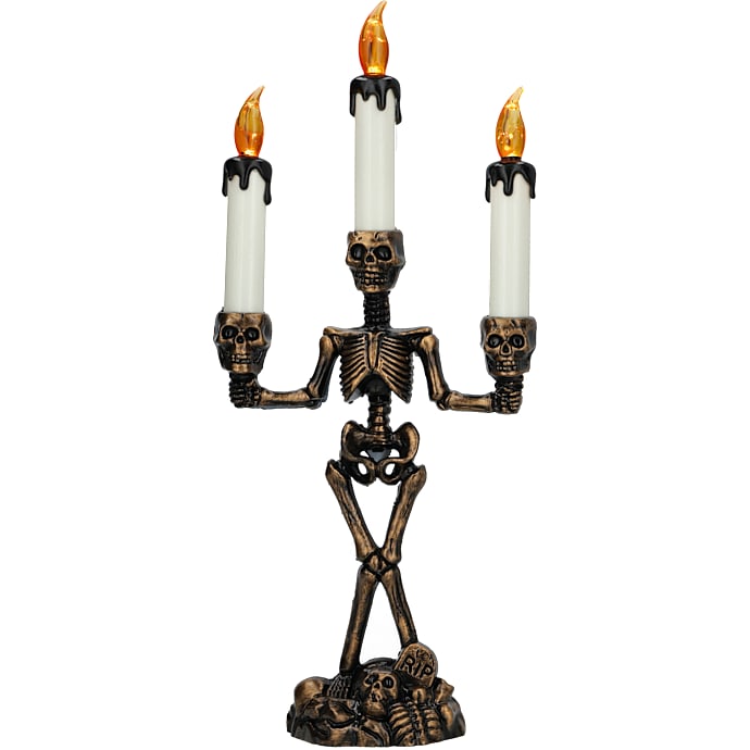 Halloween skeletkandelaber med LED H: 37 cm- bronzefarvet