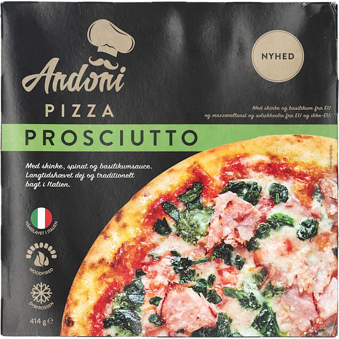 Pizza m. prosciutto, spinat og basilikum
